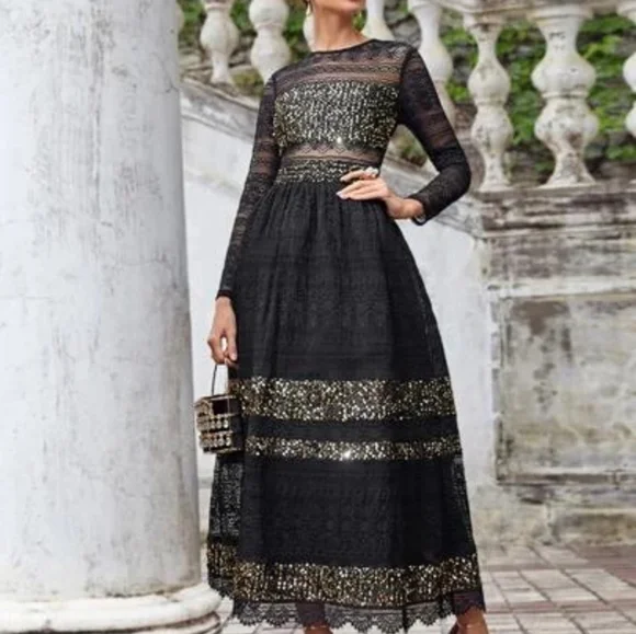 SHEIN | Dresses | Shein Contrast Sequin Detail Lace Overlay Black And Gold Dress Size L | Poshmark SHEIN | Dresses | Shein Contrast Sequin Detail Lace Overlay Black And Gold Dress Size L | Poshmark